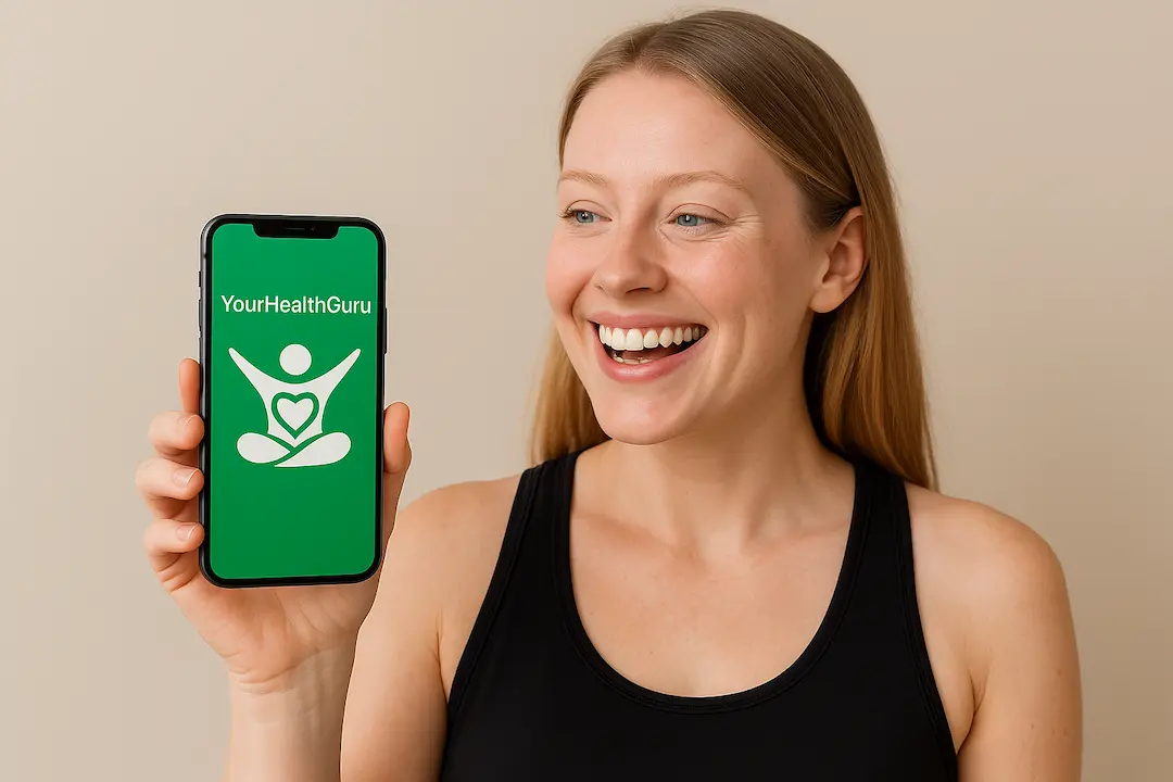 YourHealthGuru AI Assistant - Happy Woman with App